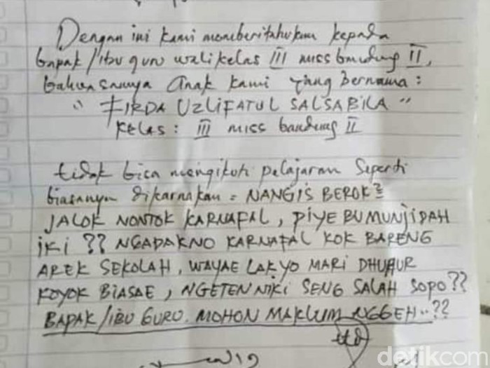 Selembar surat dari wali murid MI di Jombang viral di media sosial. Surat ini berisi permohonan izin dari orang tua karena anaknya tidak mau sekolah gara-gara ingin menonton karnaval.