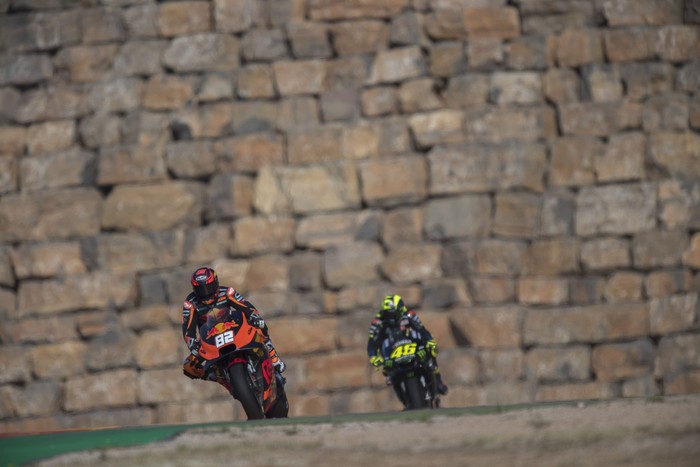 ALCANIZ, SPAIN - SEPTEMBER 20: Mika Kallio of Finland and Red Bull KTM Factory Racing leads the field  during the MotoGp of Aragon - Free Practice on September 20, 2019 in Alcaniz, Spain. (Photo by Mirco Lazzari gp/Getty Images)