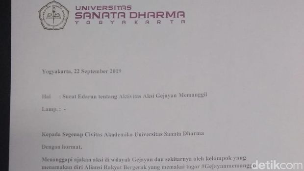 Surat edaran dari Universitas Sanata Dharma terkait aksi Gejayan Memanggil. 