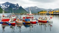 Gunung-gunung tinggi menjadi latar keindahan perairan biru di Pulau senja, Norwegia. Saat musim dingin, wisatawan bisa melihat aurora, desa-desa nelayan menjadi spot yang bersejarah di pulau ini. (Shutterstock/CNN)