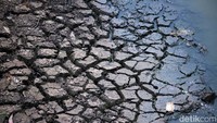 Dasar Sungai Citarik tampak mengering dan tanahnya pecah-pecah.