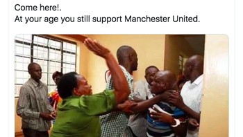 Sudah tua kok masih dukung MU? Foto: Twitter