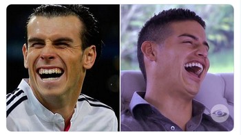 Meme ekspresi tertawa James Rodriguez dan Gareth Bale. Ceritanya mentertawakan nasib Real Madrid. Foto: (Twitter)