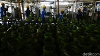 Para pekerja tengah mengisi LPG ke tabung 3 kg.