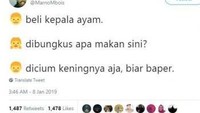 Masih soal masakan ayam. Penjual ayam goreng bertanya ayamnya mau dibungkus atau langsung makan. Eh malah dijawab ayamnya dicium keningnya. Foto: instagram