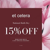 Beberapa brand lokal tak ketinggalan memberikan diskon. Masih dalam rangka Hari Batik, Et Cetera menawarkan diskon khusus kepada pelanggan yang memakai baju. Hingga 6 Oktober, Anda bisa mendapatkan potongan harga 15%. Foto: Twitter