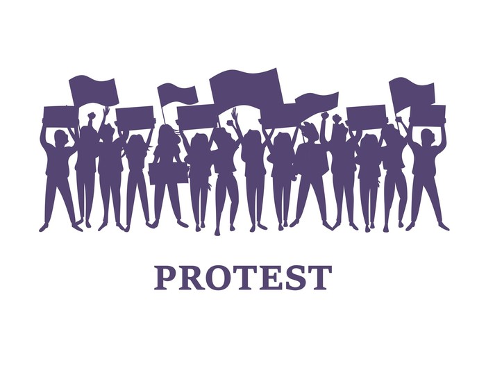 A group of men and women take part in the protest. People holding posters. Colorful vector illustration.