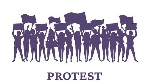 A group of men and women take part in the protest. People holding posters. Colorful vector illustration.