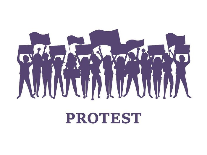 A group of men and women take part in the protest. People holding posters. Colorful vector illustration.