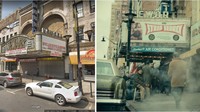 Sulit untuk tak merasa simpati pada Arthur yang melambaikan tulisan sale usai diserang oleh kawanan anak kasar tanpa alasan jelas. Adegan menyentuh itu pun diambil tepat di depan Paramount Theater Newark, New Jersey, 195 Market St yang direka ulang seperti tahun 80-an (Google Street View/Warner Bros)