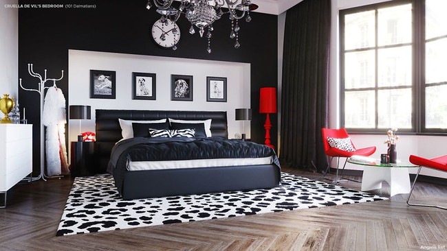 Motif kulit Dalmatian pada karpet jadi aksen yang membuat kamarnya stylish. Simpel, minimalis tapi mewah, ada kesan yang didapat dari kamarnya. Tak lupa percikan warna merah terang sebagai representasi dari Cruella yang juga suka memakai lipstik merah mencolok. Foto: Dok. Boredpanda/Angies List