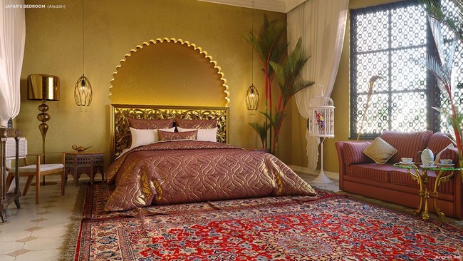 Karpet Persia, selimut berhias benang emas, lampu-lampu dari kuningan sampai sofa merah bata adalah furnitur yang akan dipilih Jafar jika dia ada di dunia nyata. Mewah dan regal. Gaya interior yang sangat menggambarkan Jafar. Foto: Dok. Boredpanda/Angies List