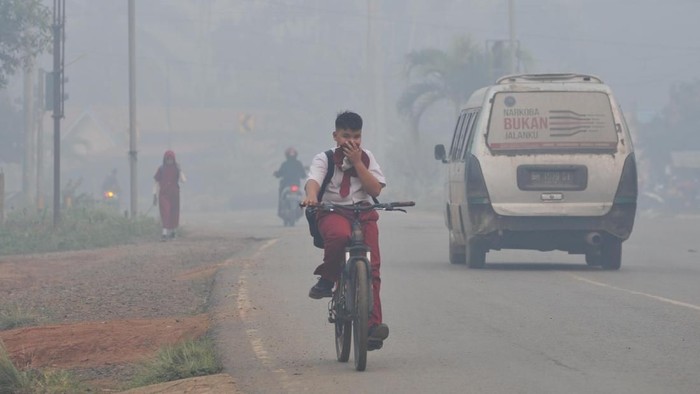 Kabut asap kebakaran hutan dan lahan (karhutla) masih selimuti wilayah Jambi. Warga pun menggunakan masker saat akan beraktivitas sehari-hari. Berikut fotonya.