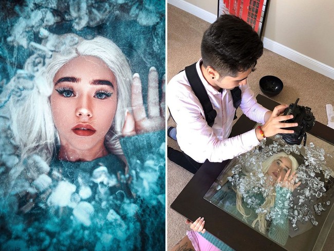 Foto wanita berambut pirang yang tampak seperti seorang princess terkurung di dalam air yang beku ini ternyata dibuat dengan properti yang sederhana. Pemotretan dilakukan di bawah meja dan di atas meja ditaburi es batu. I had a last minute idea and we made it work, begitu kata Chris Hernandez yang mengakui ide foto ini datang di menit-menit terakhir. Foto: Instagram @cnhphotography