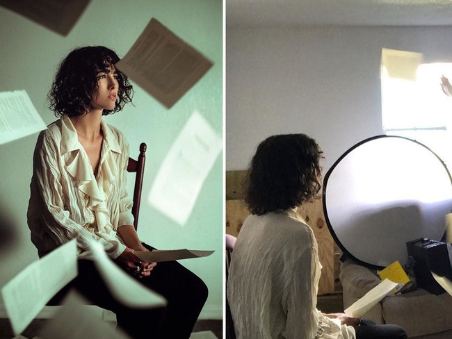 Kreativitas Chris Hernadez membuat foto sederhana ini tampak dramatis. Untuk membuat foto ini Chris hanya meminta seorang rekannya melempar beberapa kertas di depan wajah sang model. Foto: Instagram @cnhphotography