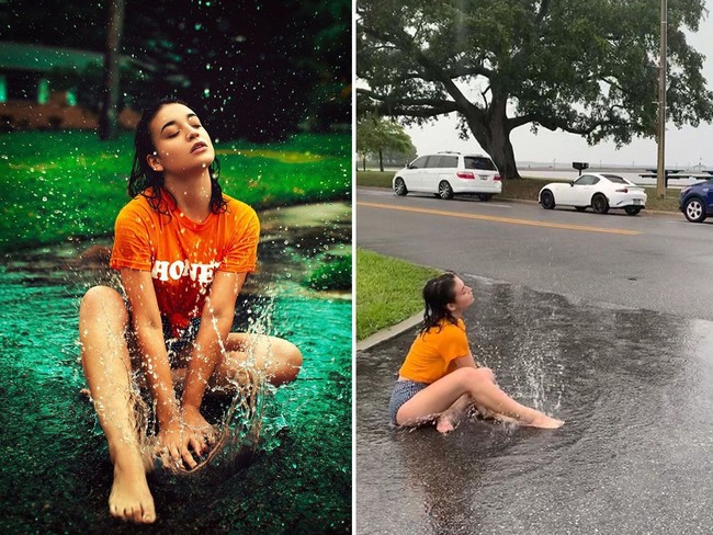 Inilah salah satu jepretan Chris Hernandez yang diunggahnya ke akun Instagramnya @cnhphotography. Siapa sangka foto seorang wanita yang tampak dramtis terciprat air ini lokasi fotonya adalah di antara genangan air. Foto: Instagram @cnhphotography