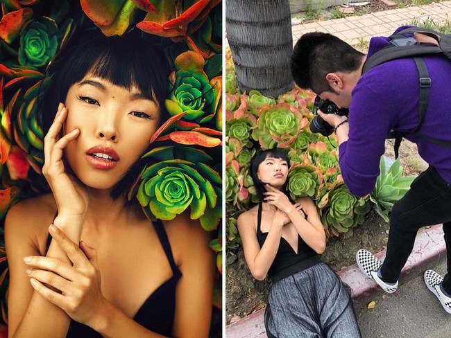 Percaya atau tidak, foto indah wanita di antara dedaunan ini ternyata diambil di pinggir jalan. Sang model berbaring di tanah di dekat daun-daunan tersebut dan Chris memotretnya secara close-up. Foto: Instagram @cnhphotography