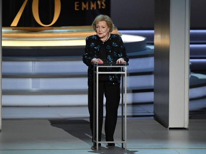 LOS ANGELES, CA - SEPTEMBER 17:  Betty White speaks onstage during the 70th Emmy Awards at Microsoft Theater on September 17, 2018 in Los Angeles, California.  (Photo by Kevin Winter/Getty Images)