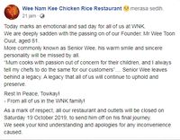 Peracik dan Pendiri Wee Nam Kee Hainan Chicken Rice Meninggal Dunia