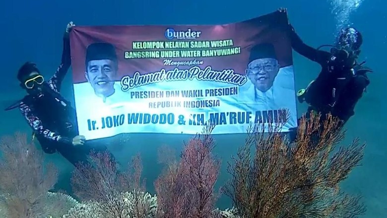Nelayan Banyuwangi Ucapkan Selamat untuk Jokowi Dari Dasar Laut Selat Bali Nelayan Banyuwangi Ucapkan Selamat untuk Jokowi Dari Dasar Laut Selat Bali