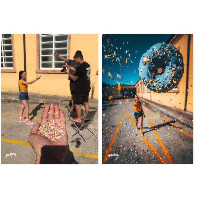 Donat dan meses juga bisa menjadi properti yang menghasilkan foto keren. Bagaimana caranya? Lihat sendiri pada foto before after ini. Foto: Dok. Jordi Koalitic