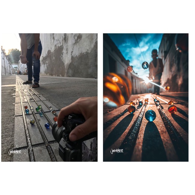 Mainan kelereng juga bisa kamu pakai sebegai obyek untuk memperindah foto. Jordi memotret dari bawah dan meminta model melempar kelereng ke arahnya. Foto: Dok. Jordi Koalitic