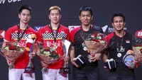 Kevin Sanjaya Sukamuljo/Marcus Fernaldi Gideon menjadi juara setelah mengalahkan Hendra Setiawan/Mohammad Ahsan dengan skor 21-12, 21-13. (Antara Foto/Humas PP PBSI).