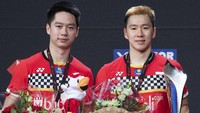 Kevin Sanjaya Sukamuljo/Marcus Fernaldi Gideon juga tampil sebagai juara Denmark Open 2019. (Claus Fisker/Ritzau Sanpix via AP).
