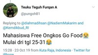 Ternyata dipilihnya Nadiem sebagai mendikbud membuta mahasiswa ngarep dapat ongkos gratis saat pesan makanan melalui ojol. Foto: twitter