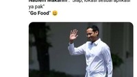 Dengan menyertakan foto Nadiem kala menyapa di Istana, netizen ini membuat percakapan kocak. Siap, lokasi sesuai aplikasi ya pak, Foto: twitter