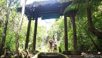 Masuk ke dalam hutan, traveler akan disambut oleh gerbang masuk dengan tulisan penanda Kali Biru (Randy/detikcom)