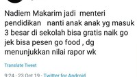 Sebelum ditunjuk sebagai mendikbud, Nadiem Makarim dikenal sebagai CEO Gojek. Hal tersebut membuat netizen beramai-ramai mencuit kocak soal pesan makanan. Foto: twitter