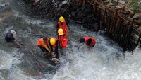 Petugas juga membersihkan sampah yang mengendap di dasar Kali Krukut tersebut.