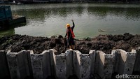 Pekerja mengerjakan proyek pemasangan sheet pile (turap) di kawasan Waduk Sunter Selatan, Jakarta Utara, Jumat (25/10/2019).