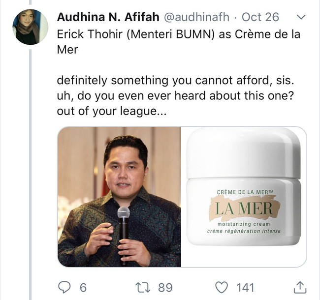 Kalau menteri BUMN, Erick Tohir, disamakan sama produk skincare yang jarang kita dengar nih atau bahkan kita tidak tahu, Creme de la Mer. Katanya skincare ini tidak akan mampu kita dapatkan karena memang harganya sangat mahal. Foto: Twitter @audhinafh