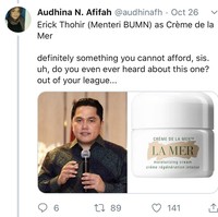 Kalau menteri BUMN, Erick Tohir, disamakan sama produk skincare yang jarang kita dengar nih atau bahkan kita tidak tahu, Creme de la Mer. Katanya skincare ini tidak akan mampu kita dapatkan karena memang harganya sangat mahal. Foto: Twitter @audhinafh
