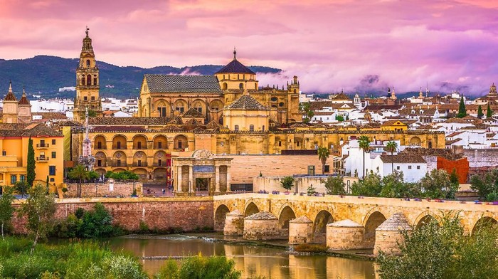 Cordoba, Spain at the Mosque-Cathedral and Roman Bridge.