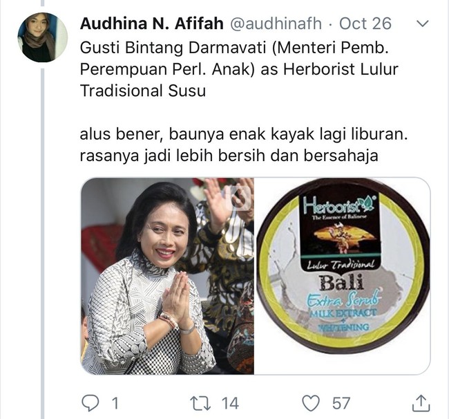 Lulur pastinya wangi dan ampuh bikin kulit jadi lebih mulus. Sama seperti menteri pembangunan perempuan dan perlindungan anak, Gusti Bintang Darmavati yang selalu terlihat kalem dan bersahaja nggak sih? Foto: Twitter @audhinafh
