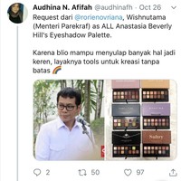 Yang terakhir ada Wishnutama yang terkenal akan kekreatifannya. Menteri pariwisata dan ekonomi kreatif ini disamakan dengan Eyeshadow Palettenya Anastasia Beverly Hills. Ya semoga Wishnutama bisa membuat Indonesia semakin lebih berwarna ya dengan kekreatifannya. Foto: (Andhika Prasetia/detikcom).