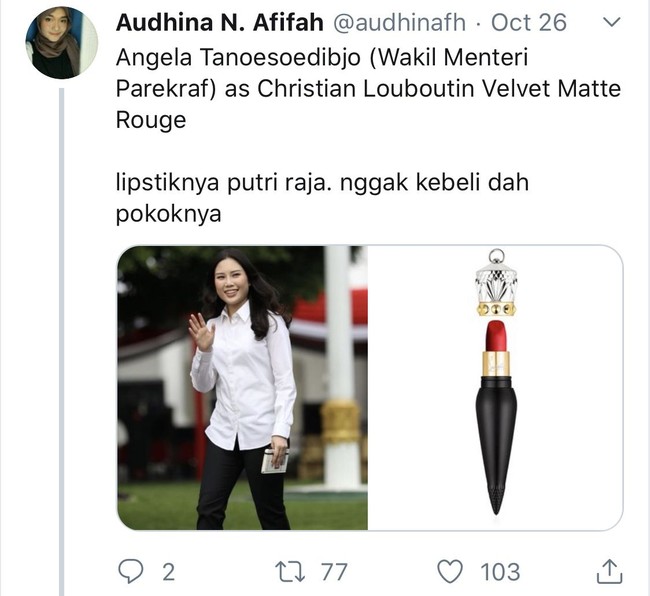 Anak perempuan dari Harry Tanoesoedibjo ini, Angela Tanoesoedibjo disamakan sama lipstiknya para sosialita nih, Christian Louboutin Velvet Matte Rouge. Mahal banget, nggak akan kebeli deh. Foto: Twitter @audhinafh