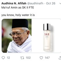 Wakil Presiden, Maruf Amin disamakan dengan produk skincare SK II FTE nih. Walaupun harganya yang cukup mahal, namun produk ini sering disebut-sebut dengan holy water atau air suci karena katanya cukup ampuh buat bikin kulit kinclong. Foto: Twitter @audhinafh