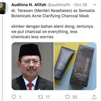 Sekarang giliran menteri kesehatan, dr. Terawan yang disamakan dengan Charcoal Masknya Sensatia. Katanya karena skincare ini terbuat dari bahan-bahan alami, jadi lebih mengurangi kecemasan karena takut nggak cocok di kulit. Gimana menurutmu? Foto: Twitter @audhinafh