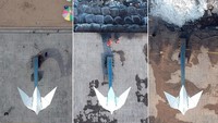 Dalam foto perbandingan before-after, terlihat Monumen Merpati Perdamaian masih terlihat normal pada Januari 2019 (kiri), dampak abrasi mulai terasa pada Agustus 2019 (tengah) dan kondisi terkini terlihat semakin parah (kanan).