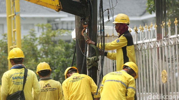 Petugas Suku Dinas Bina Marga DKI Jakarta menertibkan kabel fiber optik dan tiang penyangga yang semrawut di sepanjang Jalan Raya Salemba, Jakarta.