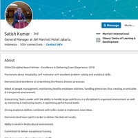 Satish Kumar, General Manager, Marriott InternationalPekerja asing ini lebih memilih untuk mengedepankan prestasinya di bagian About. Selain itu, Satish juga menuliskan banyak kemampuannya, terutama di bidang soft skill. Foto: LinkedIn