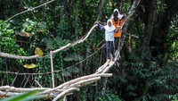  Sejumlah siswa SD melintasi jembatan gantung yang rusak di Kampung Cigedang, Desa Leuwiipuh, Lebak, Banten.
