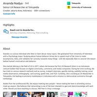 Ananda Nadya, Senior UX Researcher, Tokopedia  Selain menuliskan pengalaman kerja dan kemampuan, Ananda Nadya juga menampilkan beberapa artikel yang ditulisnya terkait karier dan keikutsertaannya sebagai narasumber di berbagai acara. Hal seperti itu tentu bisa menjadi nilai tambah bagi para perekrut kerja. Foto: LinkedIn