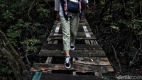 Deretan kayu yang menjadi jalur bagi wisatawan mengelilingi hutan mangrove di kawasan Konservasi Mangrove dan Bekantan di Tarakan, Kalimantan Utara nampak rusak sebagian dan tak terawat.