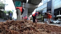 Sejumlah pekerja tengah mencangkul rumput yang sudah kering di kolong jalur MRT Blok M, Jakarta Selatan, Jumat (1/11/2019).