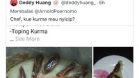 Chef dengan lebih dari 200.000 followers di Twitter ini mengomentari kue kurma buatan netizen. Kali ini chef Arnold salah fokus dengan tampilan kurma yang mirip kecoa. Foto: Twitter